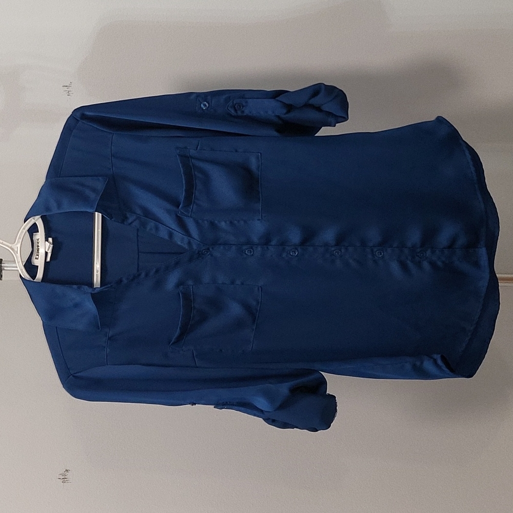 Express Satin Navy Slim Portofino Shirt Size Small